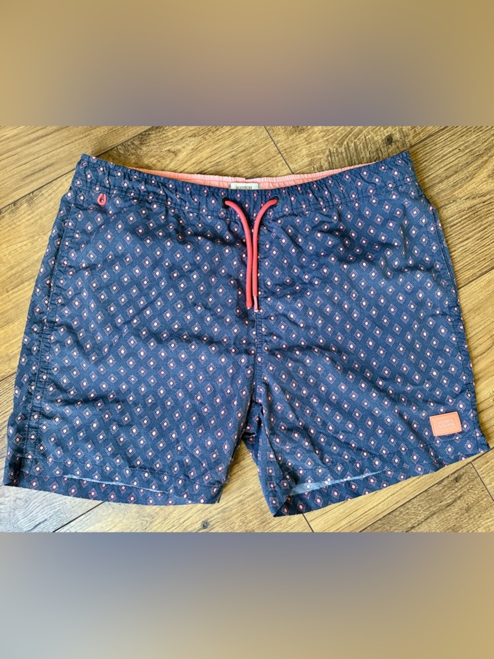 Scotch & Soda Navy Swim Trunks with Coral Drawstring